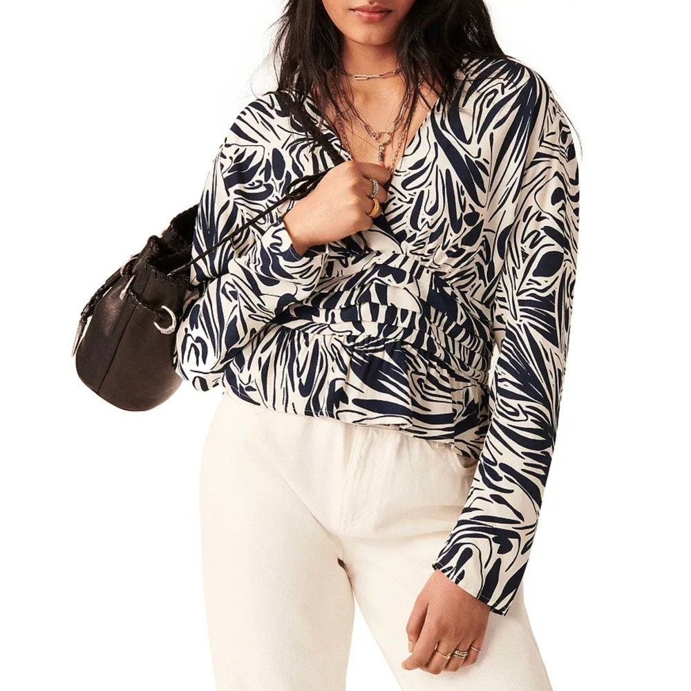ba&sh Womens Medium Cae Puff Sleeve Top Abstract Print Long Sleeve Peplum Blouse